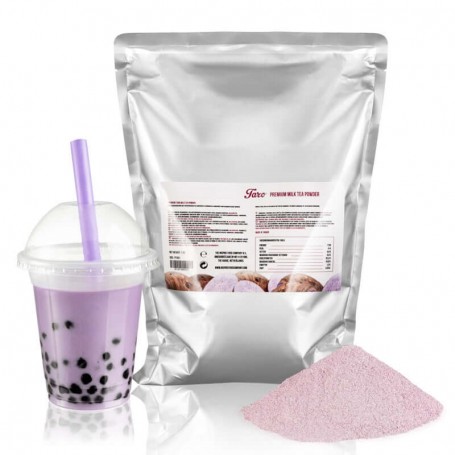The bag of taro instant tea for Bubble Tea. On the side there is a cup full of pink Bubble Tea.